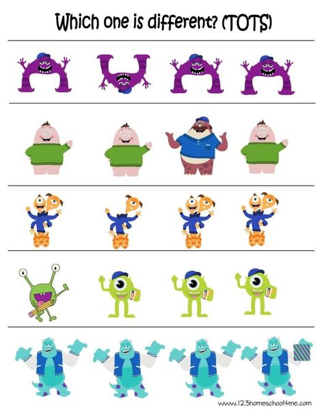 monsters universtiy worksheets which one is different Disney Worksheets, Disney Camp, Dinosaur Worksheets, Summer Preschool Activities, Disney Monsters Inc, Letter Worksheets For Preschool, Preschool Science Activities, Kindergarten Worksheets Free Printables, Printable Kindergarten