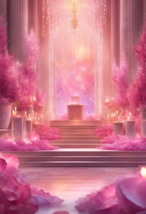 Altar with piles of rose quartz and candles arranged in a fantasy setting. Rose Quartz Aesthetic, Affirmations To Attract Love, Imvu Backgrounds, Glitter Room, Random Products, Background Studio, Attract Love, Chibi Anime Kawaii, Pretty Landscapes