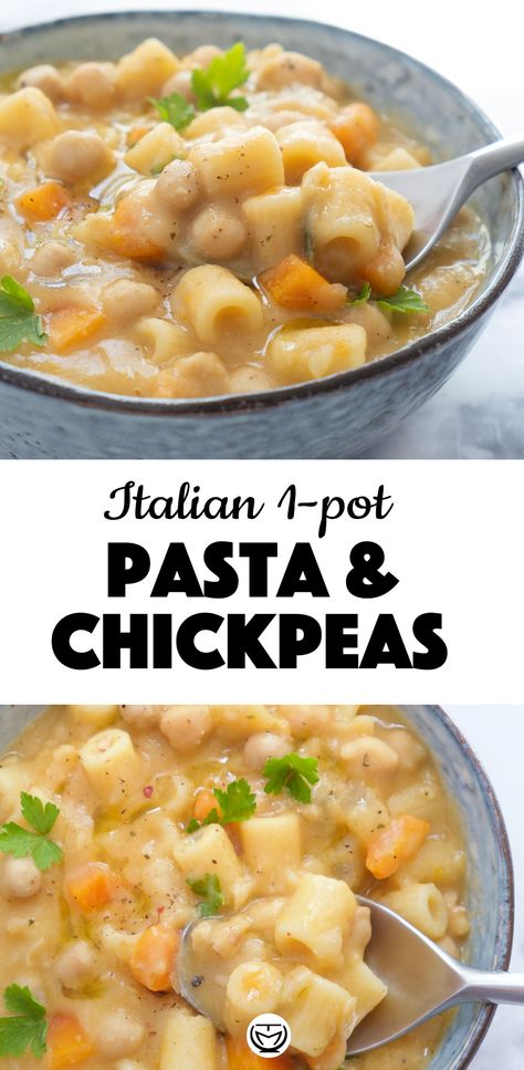 This Italian pasta with chickpeas is a delicious one-pot family meal you can cook in less than 30 minutes. It’s quick, budget-friendly, vegan, healthy. One of the best quick and easy dinner recipes for the whole family!  #veganrecipes #souprecipes #chickpearecipes #pastarecipes #easydinnerrecipes #healthydinnerrecipes Dinner Recipes Chickpeas, Easy Healthy Dinner No Meat, Easy Vegetarian Chickpea Recipes, Recipes With Chickpeas Easy, Family Friendly Vegetarian Dinners, Cheap Chickpea Recipes, Warm Chickpea Recipes, Pasta And Chickpeas Recipes, Chickpea And Pasta Recipes