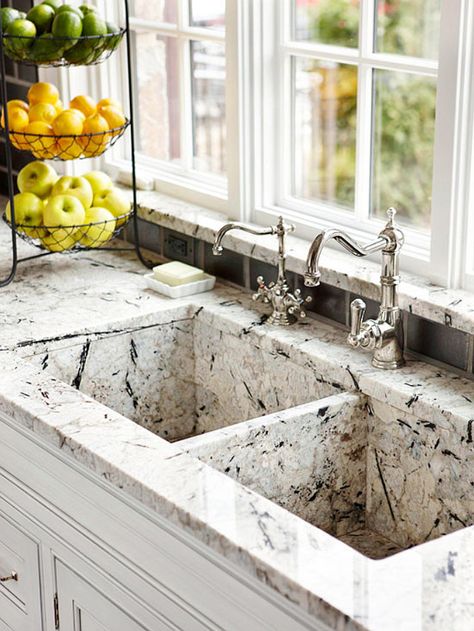 Custom-made granite kitchen sink to match countertops. White Granite Countertops, Outdoor Kitchen Countertops, Double Sinks, Granite Kitchen Sinks, Kitchen Countertop Materials, Stone Kitchen, Granite Countertops Kitchen, Granite Sink, Kitchen Doors