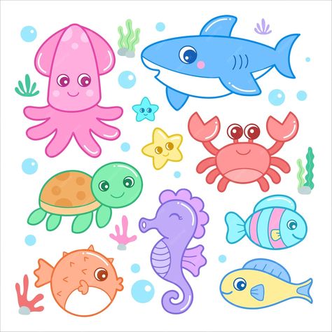 Sea Creatures For Kids, Sea Creatures Drawing, Animal Illustration Kids, Cartoon Sea Animals, Ocean Drawing, Illustration For Kids, Animals Illustration, Kids Doodles, Animal Doodles