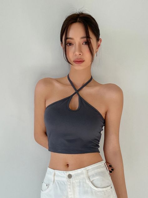 DAZY Solid Criss Cross Tie Backless Crop Halter Top | SHEIN USA Womens Halter Tops, Body Figure, Top Halter, Women Tank Tops, Halter Tops, Halter Crop Top, Tank Top Cami, Bra Tops, Halter Top