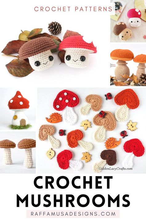 a collage of pictures showing crocheted mushrooms Toadstool Crochet Pattern, Small Crochet Mushroom Pattern Free, Crochet Mushroom Garland Free Pattern, Crochet Mushroom Garland Pattern, Crochet Mushroom Wall Hanging, Red Crochet Patterns, Crochet Mushrooms Free Pattern, Small Crochet Patterns Free, Crochet Mushroom Granny Square