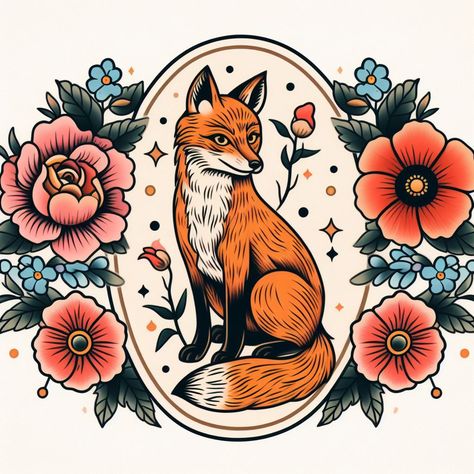 Tattoo concept created by Bing AI. "Traditional Sailor Tattoo Flash. Flowers create a narrow, oval frame around a sitting fox. The flowers are a pink peony and matching buds, orange California poppies and matching buds, and forget-me-nots with matching buds." Sitting Fox Tattoo, American Traditional Fox Tattoo, Traditional Fox Tattoo, Fox Tattoo Ideas, Traditional Sailor Tattoos, Gold Tattoos, June Art, Americana Tattoo, Sailor Tattoo