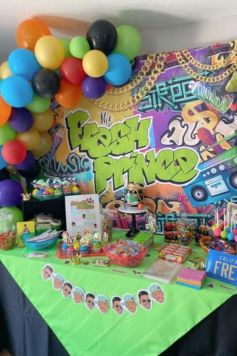 Check out this awesome Fresh Prince of Bel-Air-themed 1st birthday party! The dessert table is so cool! See more party ideas and share yours at CatchMyParty.com Prince Theme Party, Fresh Prince Theme, Prince Birthday Theme, Prince Baby Shower Theme, Boy 16th Birthday, Prince Birthday Party, Pregnancy Affirmations, Prince Party, Prince Birthday