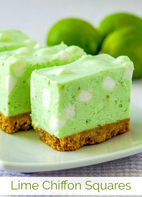 Lime Chiffon Squares. This no bake cookie bar is based upon our very popular Strawberry Chiffon Squares, this version has the bright, tangy flavour of lime you'll love! #christmascookies #nobakecookies #freezerfriendly #easydessertrecipes #dessertrecipes #limerecipes Lime Chiffon Dessert, No Bake Squares Recipes, No Bake Squares, Strawberry Chiffon, Lime Chiffon, Snowballs Recipe, No Bake Cookie, Bake Christmas, Christmas Baking Cookies