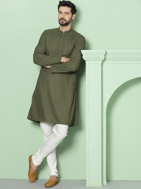 House of Pataudi Men Olive Green Embroidered Straight Kurta - | 3499 Olive Green Kurta For Men, Green Shalwar Kameez, Trendy House, Sherwani For Men, Kurta Men, Mens Kurta Designs, Mens Kurta, Kurta Pajama, Straight Kurta