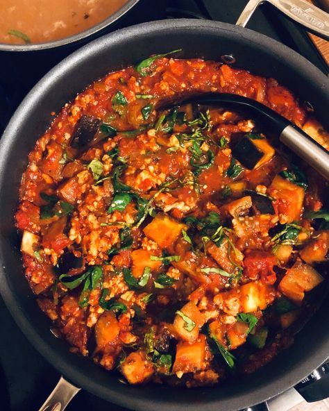 Spicy Eggplant Turkey Bolognese — Live Well with Kate Eggplant Turkey Recipes, Eggplant Goulash, Eggplant Ground Turkey Recipes, Ground Turkey Eggplant Recipes, Eggplant Gochujang, Spicy Eggplant Stir Fry, Turkey Bolognese, Spicy Eggplant, Eggplant Zucchini