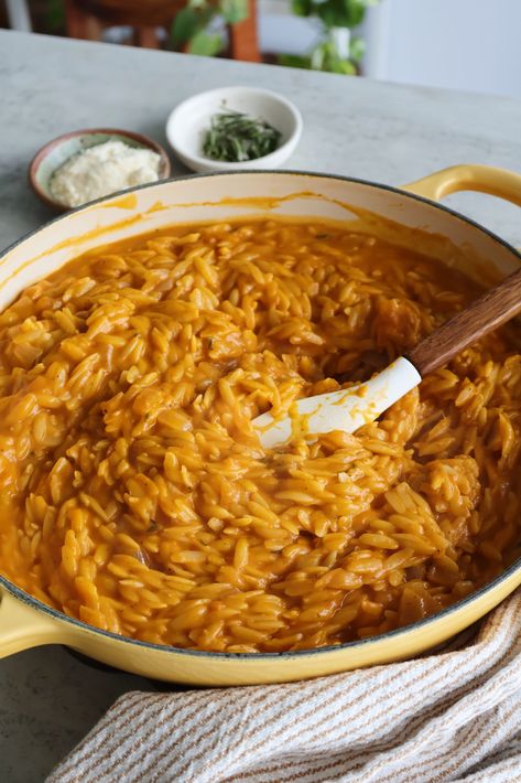 Creamy Pumpkin Orzo Sweet Potato Orzo Recipes, Sweet Potato Orzo, Pumpkin Orzo, Orzo Skillet, Seasoned Chicken Breast, Spicy Salmon Sushi, Chicken And Quinoa, Main Salad, Honey Mustard Salmon