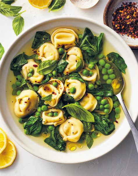 Tortellini Soup with Lemon Peel Broth – Garden & Gun Lemon Tortellini Soup, Vegan Tortellini, Dinner Soups, Soup With Lemon, Spinach Tortellini Soup, Spinach Tortellini, Soup Stew Recipes, Good Food Recipes, Chop Chop