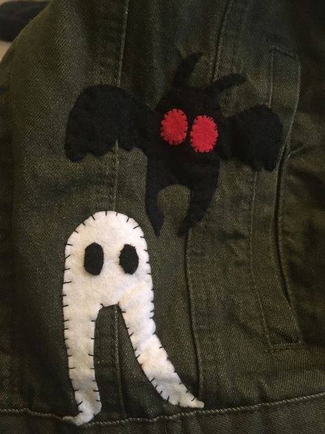 Patches On Pants Ideas, Cryptidcore Diy, Cryptidcore Jacket, Patches For Pants, Cryptid Clothes, Mothman Embroidery, Mothman Outfit, Cryptid Embroidery, Cryptid Patches