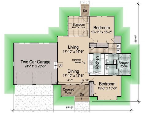 Hip Cottage with Attached Garage, 1545 SF - Southern Cottages Cottage With Garage, Laundry Room Large, Kitchen Opening, Glass Block Windows, Southern Cottage, Attached Garage, Wet Room, Cottage Plan, Large Closet