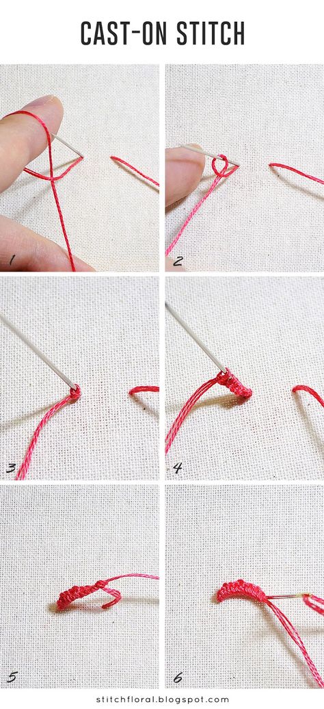 Cast-on stitch Casting On Stitches, Stitch Tutorial, Embroidery Materials, Hand Work Embroidery, Hand Embroidery Projects, Beaded Cross Stitch, Brazilian Embroidery, Embroidery Patterns Free, Simple Embroidery