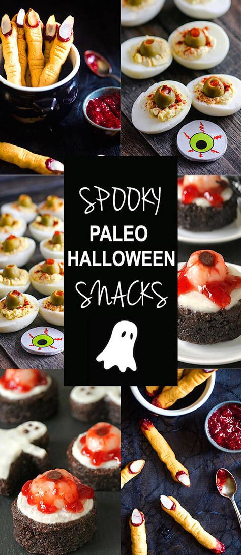 Spooky Paleo Halloween Treats | Foodfaithfitness.com | @FoodFaithFit Paleo Halloween Treats, Paleo Halloween Recipes, Paleo Halloween, Paleo Deviled Eggs, Witch Finger Cookies, Paleo Condiments, Pasteles Halloween, Gluten Free Halloween, Healthy Halloween Food