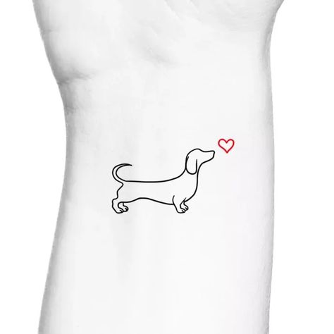 heydjangles's Dog Tattoo Ideas Product Set on LTK feat. Dachshund Red Heart Outline Temporary Tattoo via MiaSageTattoo (Etsy), Image via MiaSageTattoo Small Tattoos Daschund, Weiner Dog Tats, Daschund Outline Tattoo, Fine Line Dachshund Tattoo, Dachshund Line Tattoo, Red Heart Outline, Dog Portrait Tattoo, Dachshund Tattoo, Dog Tattoo Ideas