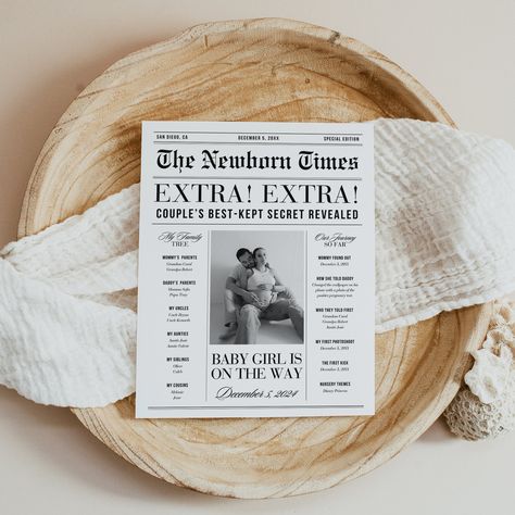 Newspaper Gender Reveal, Newspaper Baby Announcement, Newspaper Pregnancy Announcement, October Pregnancy Announcement, Pregnancy Reveal Ideas, Awkward Family Pictures, Big Brother Pregnancy Announcement, Baby Party Invitations, Pregnancy Announcement Pictures