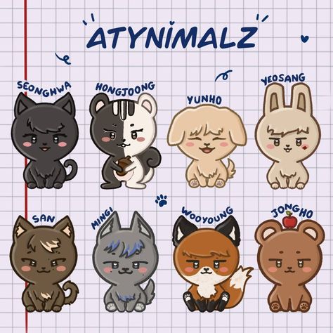 Ateez With Plushies, Ateez Representative Animals, Ateez Animal Characters, Ateez As Animals, Ateez Mito Rabbit, Ateez Crafts, Ateez Plushies, Ateez Names, Ateez Animals