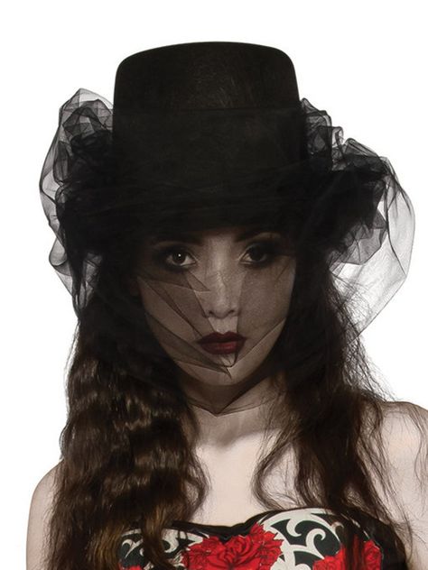 View Larger Image Face Covering Veil, Steampunk Fashion Women, Top Hat Costume, Top Hats For Women, Heart Of Darkness, Black Top Hat, Dinosaur Costume, Tulle Veils, Brimmed Hat