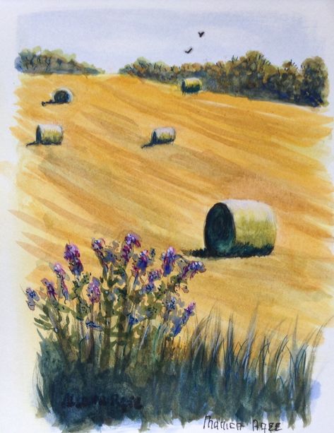 Watercolor Hay Bales, Wheat Field Painting Watercolors, Hay Field Painting, Watercolor Corn Field, Cornfield Watercolor, Farm Watercolor Paintings, Farm Drawing Landscape, Farm Scene Painting, Farm Watercolor