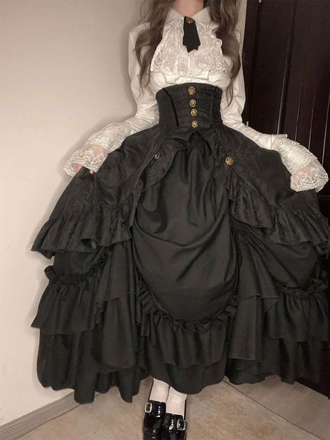 Gothic Lolita SK Ruffles Black Jacquard Lolita Skirts Poofy Skirt Outfit, Dnd Outfits Female, Poofy Skirt, Frilly Skirt, Gothic Skirts, Retro Costume, Elegant Skirt, Gothic Outfits, Lolita Dress