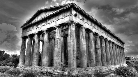 Temple of Hephaestus (BW), Ancient Agora, Athens, Greece Agora Athens, Thigh Sleeve Tattoo, Temple Of Hephaestus, Greek Parthenon, Building Tattoo, Greek Buildings, Arm Tattoos Drawing, Roman Tattoo, Greece Architecture