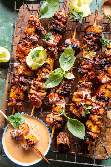 Chipotle Pineapple Bang Bang Chicken Skewers | halfbakedharvest.com Bang Bang Chicken Skewers, Defined Dish, Half Baked Harvest Recipes, Bang Bang Chicken, Grilled Chicken Skewers, Grilled Food, Pineapple Chicken, Harvest Recipes, Half Baked