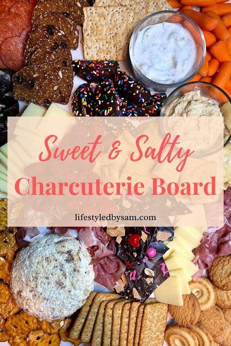 This sweet and salty charcuterie is perfect for movie night, game day, a watch party, birthday party, and more. It’s easy to make and perfect for entertaining or hosting a large crowd. How To Make A Charcuterie Board: 1. Choose your serving board 2. Choose your snacks 3. Arrange your board Sweet And Salty Board Ideas, Charcuterie Board Ideas Sweet And Salty, Salty And Sweet Charcuterie Board, Sweet And Salty Snack Board, Sweet And Salty Charcuterie Board Ideas, Sweet And Savory Charcuterie Board Ideas, Salty Charcuterie Board, Sweet And Salty Charcuterie Board, Sweet And Savory Charcuterie Board