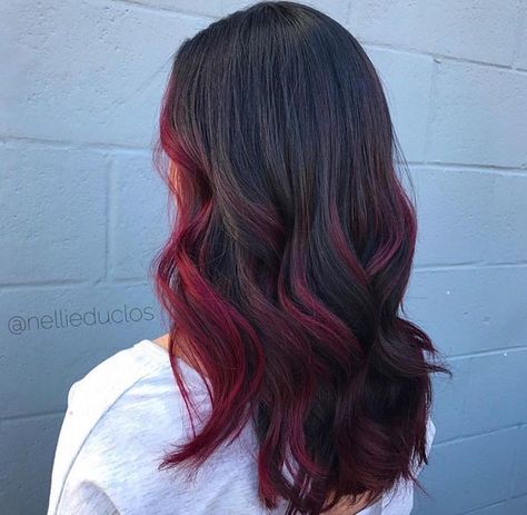 Black Hair Red Tips, Boliage Hair, Red Balayage Hair, Wedding Hair Colors, Color For Black Hair, Red Ombre Hair, Highlights Curly Hair, Hair Color Underneath, Wine Hair