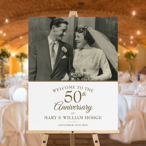 50th Golden Anniversary Wedding Photo Welcome Sign 50th Anniversary Backdrop Ideas, 50 Wedding Anniversary Party Ideas, Golden Wedding Anniversary Decorations, 50th Anniversary Party Ideas, Anniversary Aesthetic, Golden Anniversary Decorations, Welcome Acrylic Sign, Golden Anniversary Party, 50th Year Wedding Anniversary