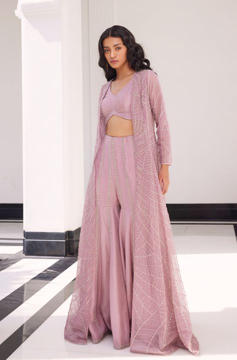 Lilac pink fully embellished jacket with lines embroidered bralette and kali sharara Lilac Sharara Suit, Sharara Suit With Jacket, Sharara With Blouse And Jacket, Long Jacket Outfit Indian, Jacket With Long Dress, Sharara With Jacket, Sharara Design, Flared Jacket, Net Jacket