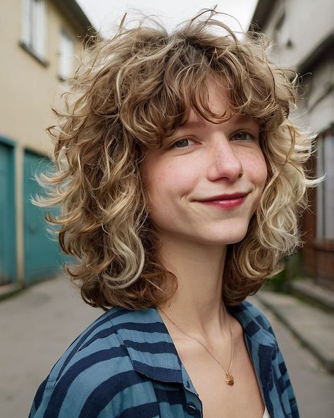 Wavy Shag Shag For Fine Curly Hair, Medium Wavy Shag With Bangs, Medium Length Curly Shag, Medium Wavy Shag, Shoulder Length Wavy Hair With Layers, Short Curly Shag With Bangs, Wavy Shag With Bangs, Shag Haircut Medium, Short Wavy Shag