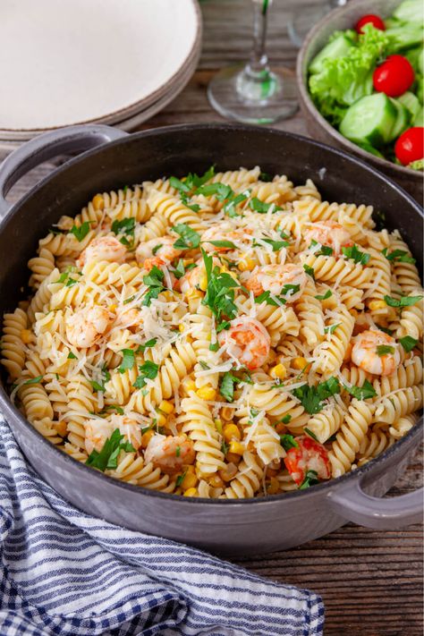 Rotini Pasta Recipes, Shrimp And Corn, Rotini Pasta, Easy Shrimp, Sweet Corn, Weeknight Meals, Weeknight Dinner, Relish, Tasty Dishes