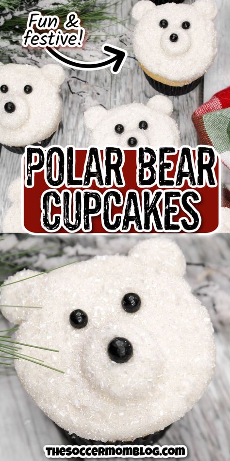 These snowy Polar Bear Cupcakes are decorated with buttercream frosting and sprinkles to look like a polar bear face! They’re a fun and festive cupcake recipe for the winter season. These cute mini cakes desserts are perfect for winter holidays, from Christmas parties to a winter wonderland theme! Polar Bear Cupcakes, Cute Mini Cakes, Animal Themed Food, Polar Bear Cupcake, Polar Bear Party, Polar Bear Baby Shower, Polar Bear Theme, Penguin Cupcakes, Polar Bear Face