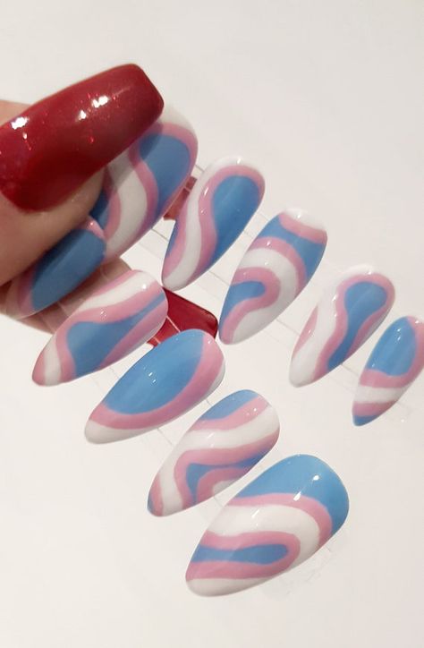 Trans Nails Designs, Flag Nails, Rainbow Nail Art, Trans Flag, Back To School Nails, Acrylic Press On Nails, Rainbow Nails, Birthday Nails, Elegant Nails