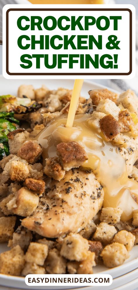 This Crockpot Chicken and Stuffing is the recipe you need if you're looking for a simple way to recreate classic Thanksgiving flavors. Tender chicken breasts are slow-cooked in the Crockpot with seasoned stuffing. The slow cooker does all the work and you get the fall flavors that you love (without a big mess!). Chicken And Stuffing Recipes, Stuffing Recipes Easy, Crockpot Chicken And Stuffing, Stuffing Easy, Easy Comfort Food Dinners, Chicken Main Dish Recipes, Chicken And Stuffing, Crockpot Chicken Thighs, Food Fall