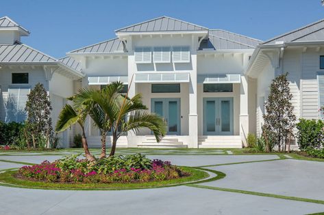 Coastal Modern House Exterior, Coastal Contemporary Exterior, One Story Coastal House, Coastal Homes Exteriors Florida, West Indies House Exterior, Beach Home Exteriors, Exterior Double Front Doors, Modern Coastal Home Exterior, Modern Coastal Exterior