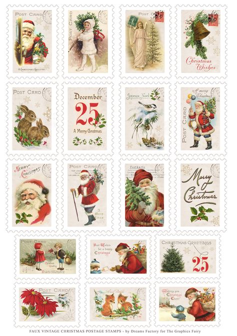 DIY these charming Faux Vintage Christmas Postage Stamps by Diana Dreams Factory! Such a fun Christmas Craft, great to use in Mixed Media, Collage or Junk Journal Projects. Free Printables are included. Vintage Christmas Postage Stamps, Free Vintage Printables Christmas, Faux Postage Stamps Diy, Vintage Christmas Tags Printable Free, Vintage Postage Stamps Printable, Free Vintage Christmas Images Printables, Vintage Christmas Free Printables, Vintage Christmas Stamps, Christmas Junk Journal Free Printable