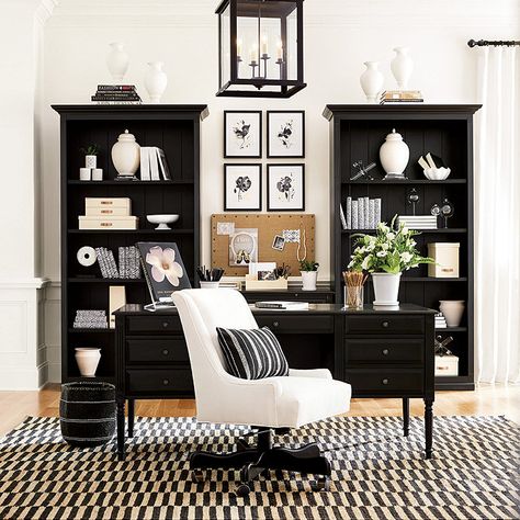 Black And White Home Office, White Home Office, Black And White Office, Black And White Home, Large Bookcase, Tall Bookcase, Work Office Decor, Cozy Home Office, White Office