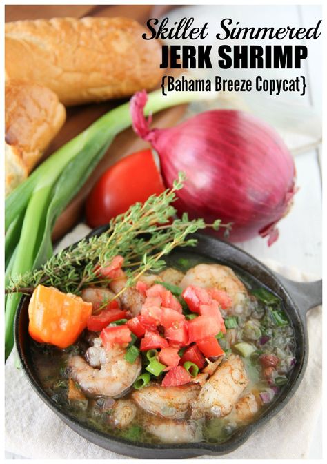 This Bahama Breeze copycat fire roasted jerk shrimp dish is simmered in a delicious garlic-thyme butter and served with crusty French bread for sopping! Jerk Shrimp Pasta, Spinach Artichoke Bites, Best Grilled Shrimp Recipe, Jerk Salmon, Crusty French Bread, Jerk Shrimp, Shrimp Pasta Recipe, Jamaican Jerk Seasoning, Easy Healthy Lunch Recipes