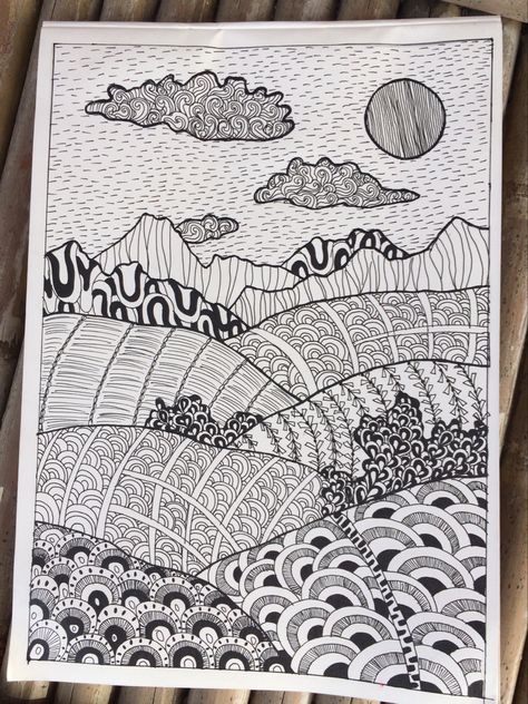 Landscape Doodles, Zentagle Drawing, Sharpie Crafts, Art Assignments, Pattern Landscape, Tangle Patterns, Zentangle Drawings, Small Canvas Art, Mehndi Designs For Hands