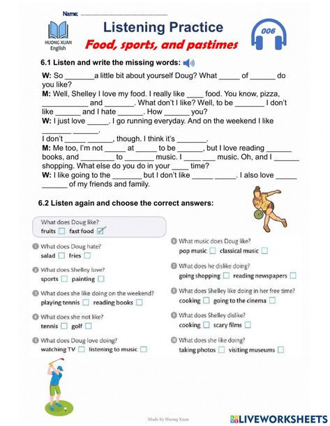 Listening Test Worksheet, English Listening Practice, Listening Worksheets For Kids, Dictation Worksheet, Listening Comprehension Worksheets, Listening Skills Worksheets, Listening Skills Activities, Listening Worksheet, Live Worksheet