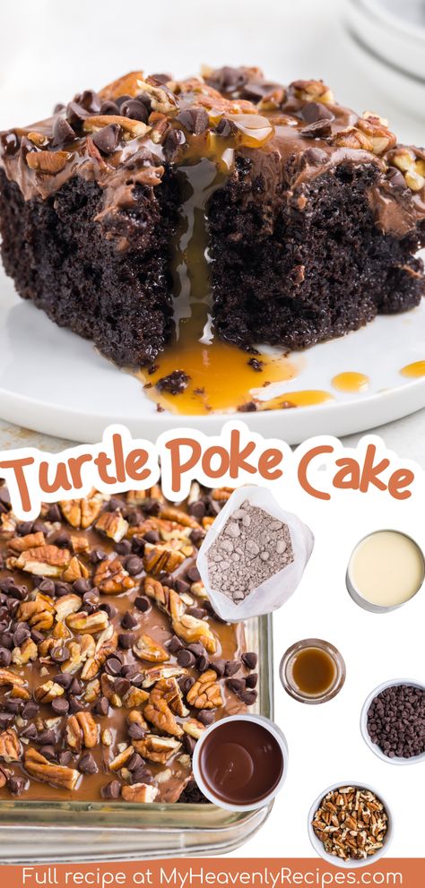 Summer Poke Cake, Turtle Poke Cake Recipe, Turtle Poke Cake, My Heavenly Recipes, Chocolate Turtle, Poke Cake Recipe, Heavenly Recipes, Caramel Apples Homemade, Chocolate Poke Cake