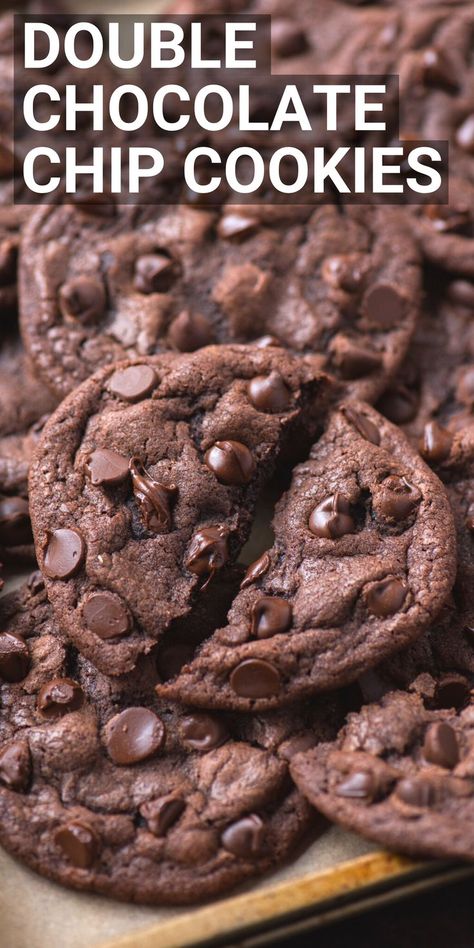 Double Chocolate Chocolate Chip Cookies, Easy Chocolate Chocolate Chip Cookies, Double Chocolate Cookies Recipes, Fudgy Double Chocolate Chip Cookies, Chewy Double Chocolate Cookies, No Flour Chocolate Chip Cookies, Cookie Recipes Double Chocolate, Double Choc Chip Cookies, Double Chocolate Chip Cookie Recipe Easy