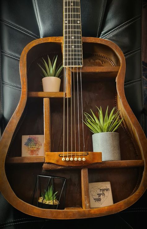 My shelf guitar Hanging Guitars On Wall Ideas, Guitar Hanging Ideas Diy, Guitar Display Wall, Wall Hanging Guitar, Macrame Guitar Hanger, Guitar Case Shelf, Hanging Guitars, Guitar Shelf, Wood Guitar Wall Hanger