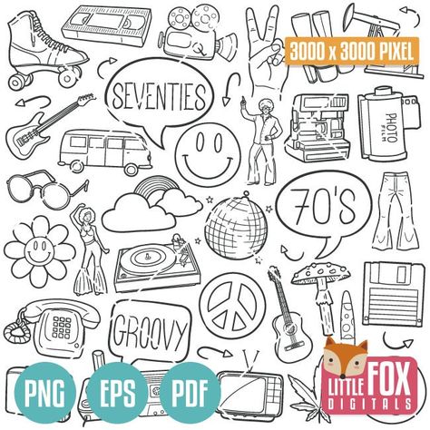 70s Doodles, Retro Doodles 70s, 70s Coloring Pages Free Printable, Retro Doodles, 70s Svg Free, Icons Doodle, Retro Bullet Journal Theme, Doodle Embroidery, Window Drawing