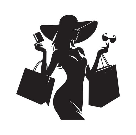 Shopping Girl illustration silhouette style Fashion Stencil Illustration, Shopping Aesthetic Pictures, Aesthetic Shopping Pictures, Fashion Shop Logo, Online Shopping Images, Shopping Logo, Fashion Store Design, Silhouette Girl, Shopping Pictures