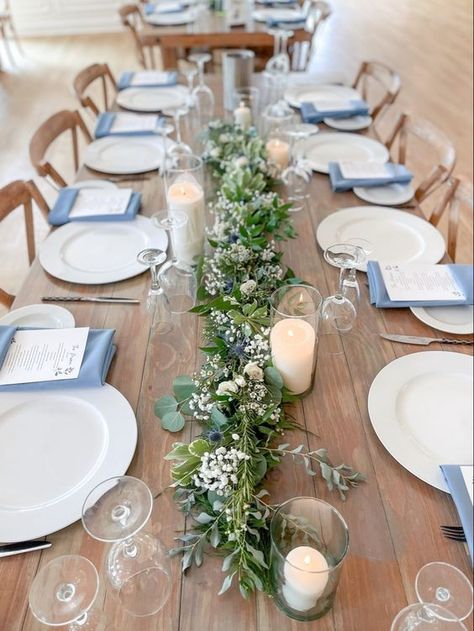 Dusty Blue Wedding Table Runner, Dusty Blue Wedding Table Settings Rectangle, Blue Table Runner With Greenery, Wedding Blue Table Runner, Dusty Blue Tuscan Wedding, White Dusty Blue Wedding, Farmhouse Table Florals Wedding, Blue Flowers Table Setting, Greenery And Blue Wedding