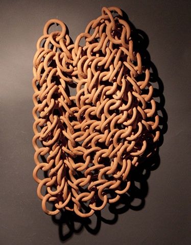 Ceramic chain mail valerie grossman How To Make Ceramic Chain, Clay Chain Decor, Chain Pottery, Pottery Chain, Ceramic Chain Sculpture, Chainmail Runway, Chain Of Command, Chain Mail, Macrame Tutorial