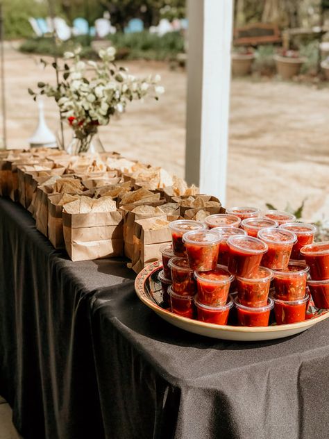 Wedding Cocktail Hour Chips And Salsa, Wedding With Just Appetizers, Chip And Queso Bar Wedding, Buffet Food Wedding Catering, Cookout Reception Wedding, Appetizer Hour Wedding, How To Serve Chips And Salsa At A Wedding, Mexican Food Engagement Party, Taco Buffet Wedding Receptions