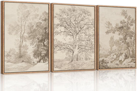 Vintage farmhouse wall decor: Antique botanical prints and landscape paintings. Unframed art reproductions for a cozy cottagecore ambiance. Perfect for home decor and gifting. #VintageDecor #FarmhouseStyle Wilderness Illustration, Vintage Sketchbook, Minimalist Tree, Vintage Framed Art, Scandinavian Wall Art, Neutral Minimalist, Tree Wall Decor, Forest Wall Art, Wall Decor Pictures